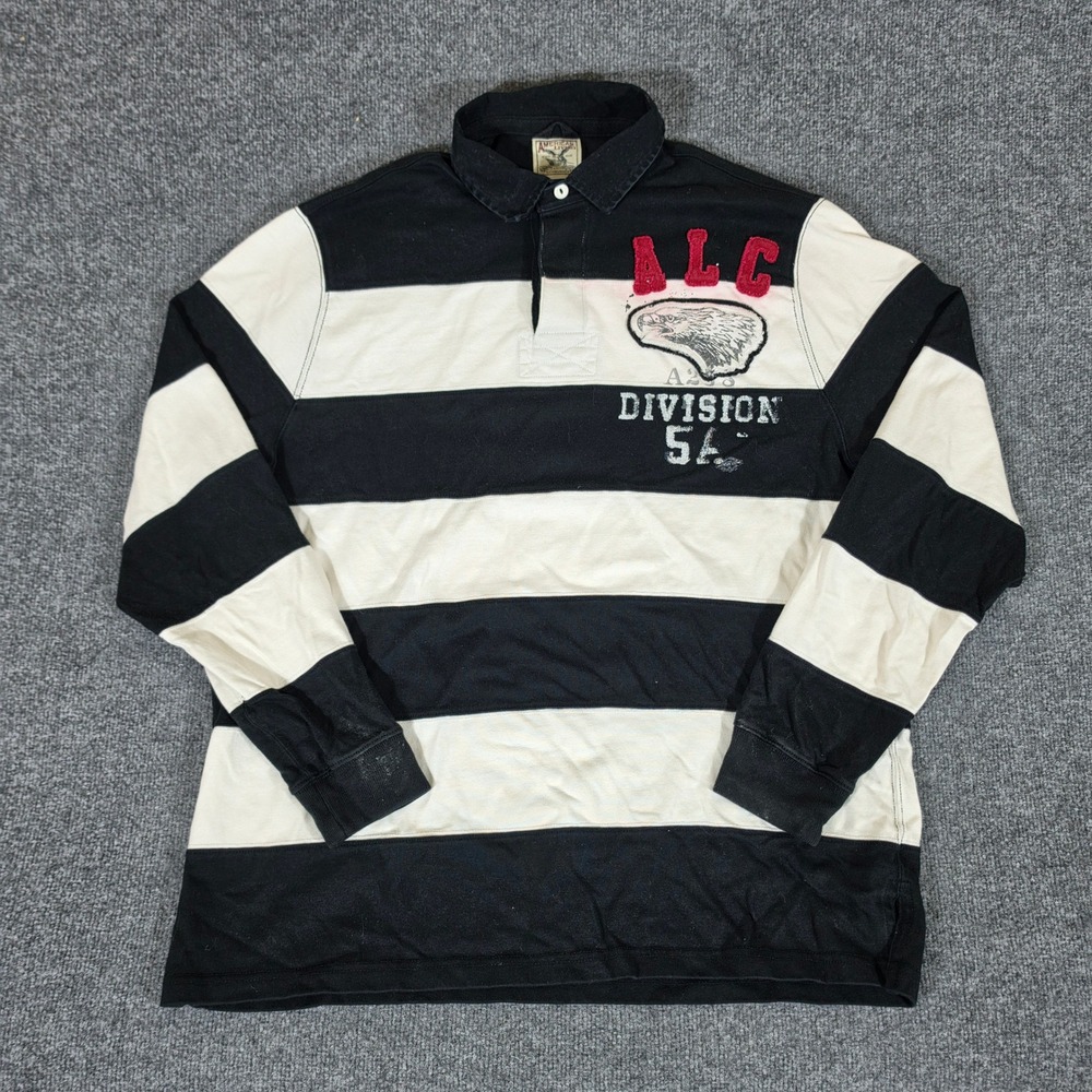 Y2K American Living Men XL Rugby Shirt Black Cream Striped Eagle ALC Division 56